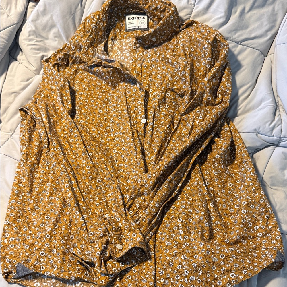 Express Men's Mustard Floral Dress Shirt